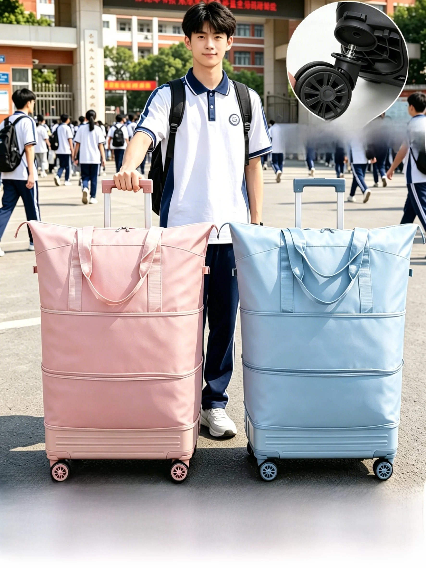 大容量防水学生寮用荷物バッグ、ホイール付き軽量ポータブルソフトボトムスーツケース、短期旅行用折りたたみ式