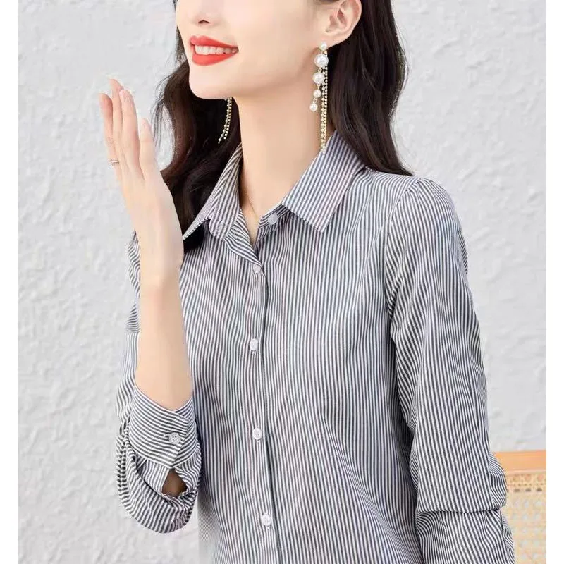 2023 NEW Upscale Striped Fashionable Loose Fitting Long Sleeved Trendy Temperament Casual Commuting Collar Women\'s Shirt