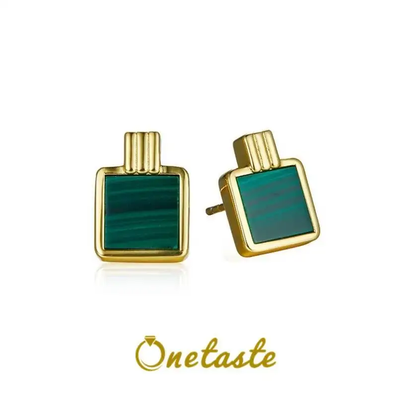 

Square Malachite 925 Silver Trendy Geometric Womens Stud Earrings Gemstone Simple Minimalist Gold Plated Small Earring Gifts