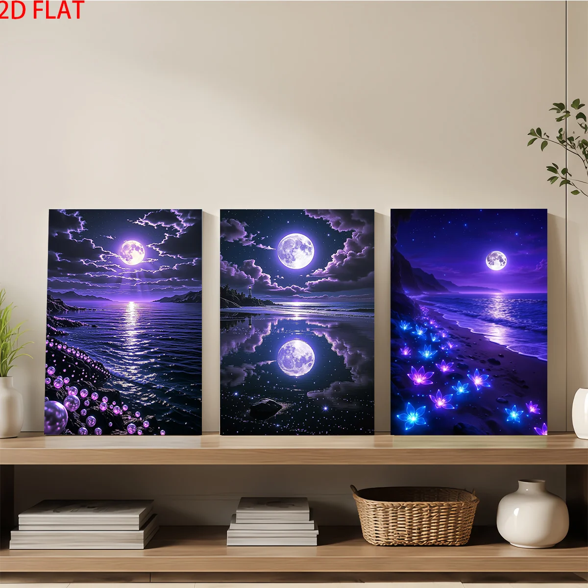 Frameless canvas 2D Flat 3pc Wood Frame Canvas Wall Art – Three moonlit beach scenes with glowing elements and reflections. p