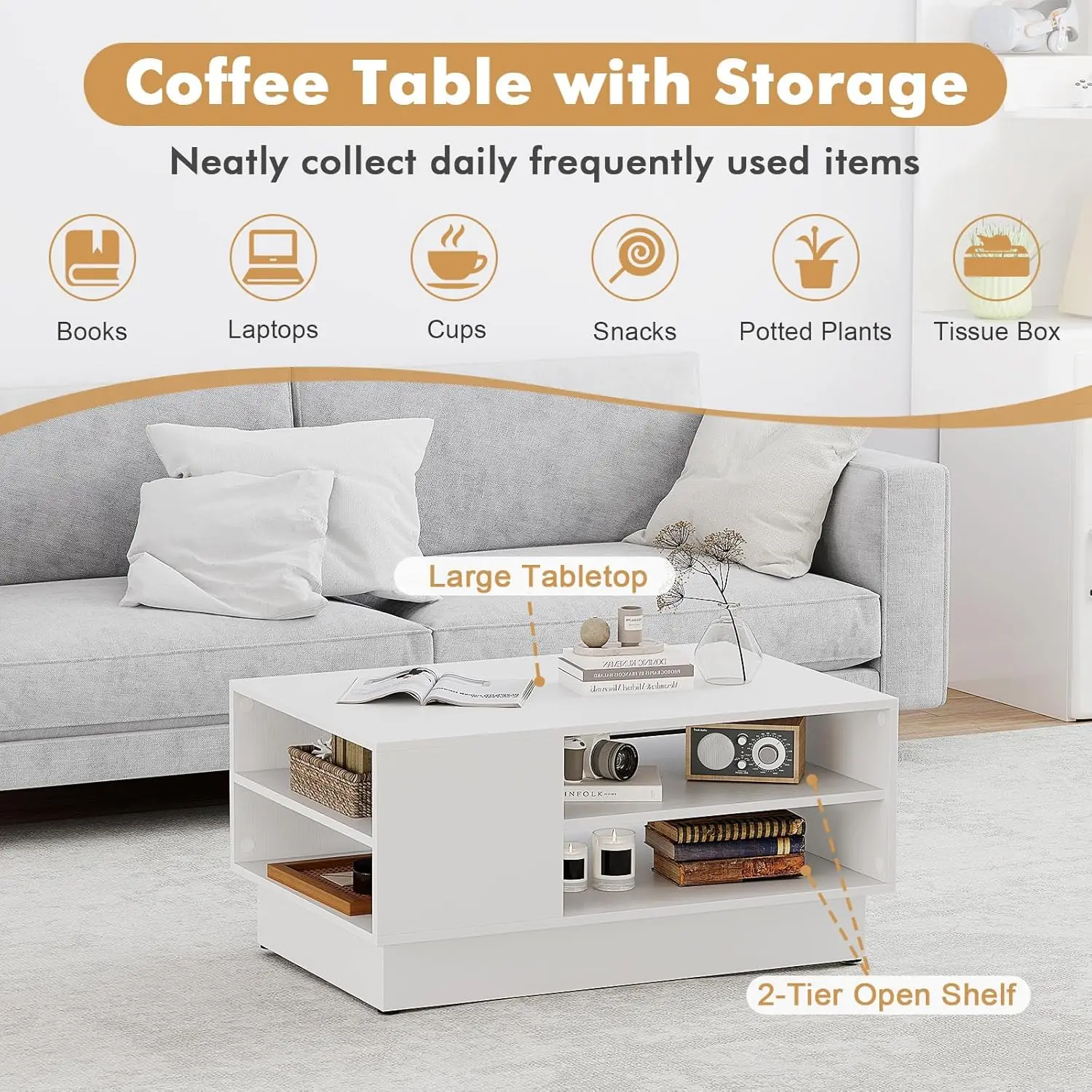 Giantex Coffee Table With Storage, Rectangle Accent Sofa Table With Shelf & Elevated Base, 2-Tier Modern Cocktail Table,