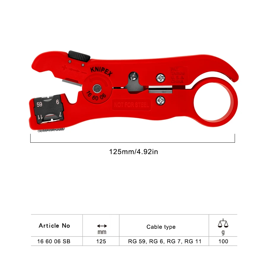 KNIPEX 16 60 06 SB Wire Stripping Tool for Coaxial and Data Cable 125mm Integrated Blade for Cutting Data Cables Tool Supplies