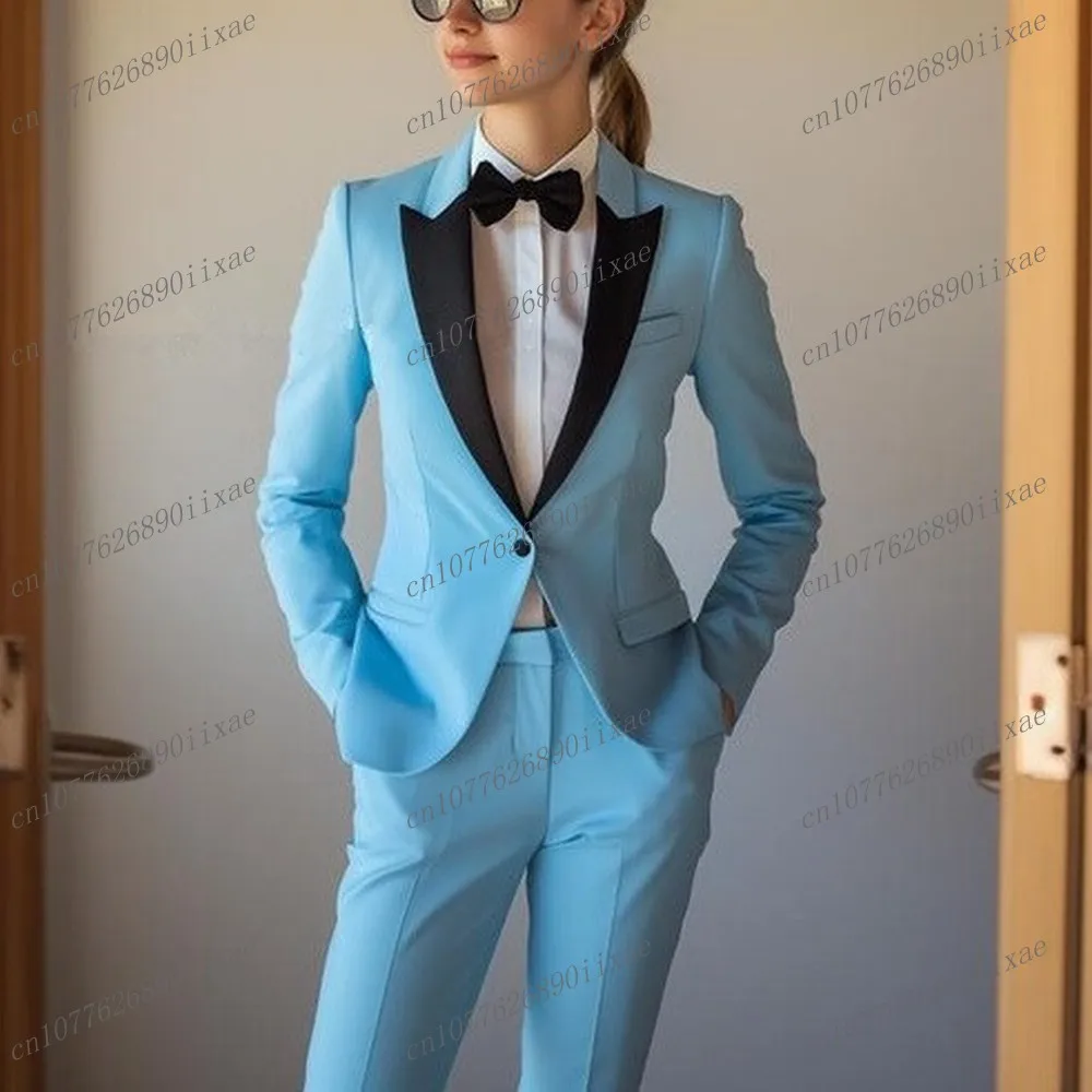 Black Collar Sky Blue Women Suits Lady Business Office Tuxedos Mother Wedding Party Formal Ladies 2 Piece Set Jacket Pants