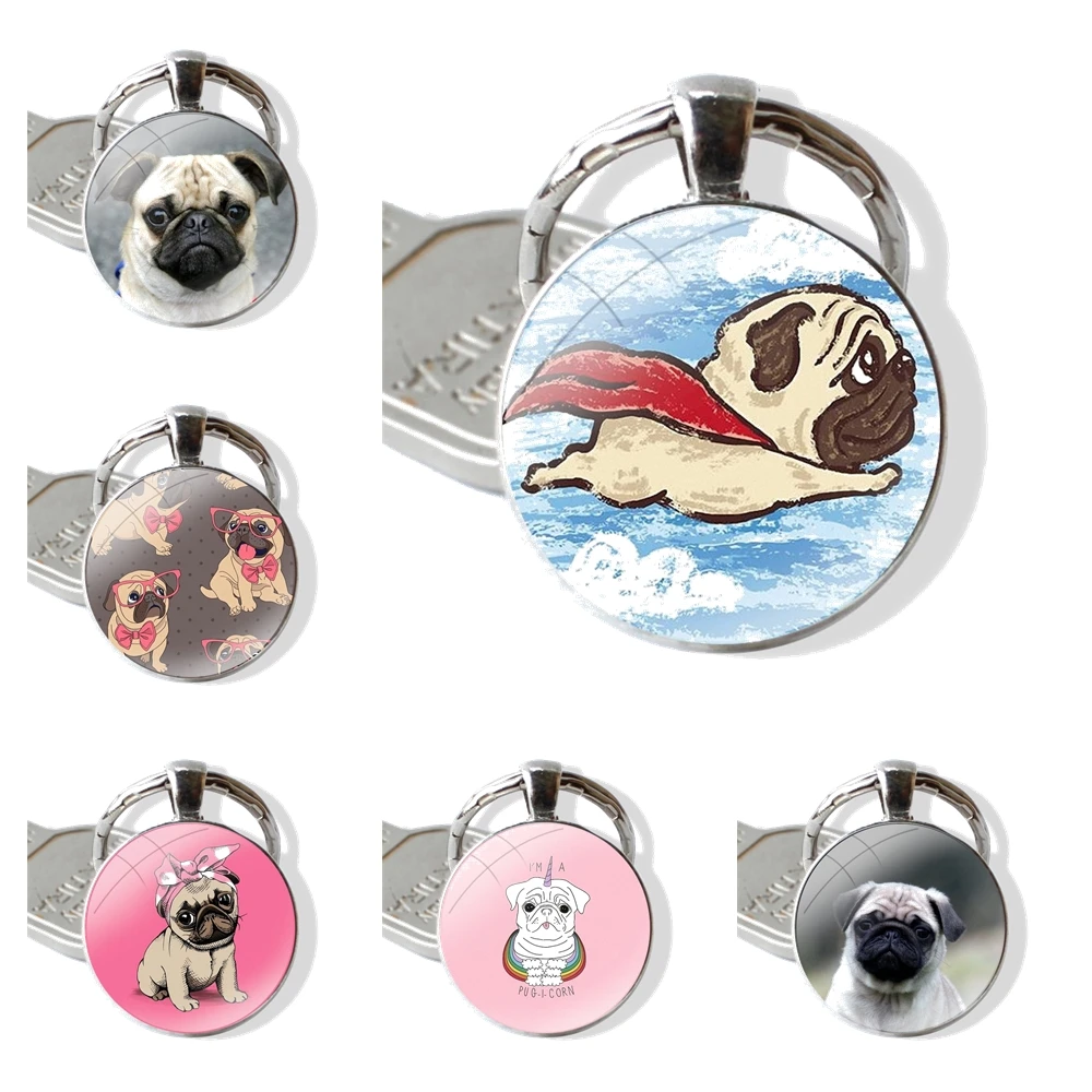 Pug dog cute lovely funy Keychain Handmade Glass Cabochon Key Ring Holder Pendant Key Chains