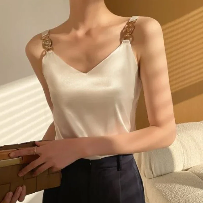 

Temperament Elegant Sleeveless Top Women Summer 2025 Black Satin Tank Top V-neck Solid Fashion Silk Spaghetti Backless Sexy Tops