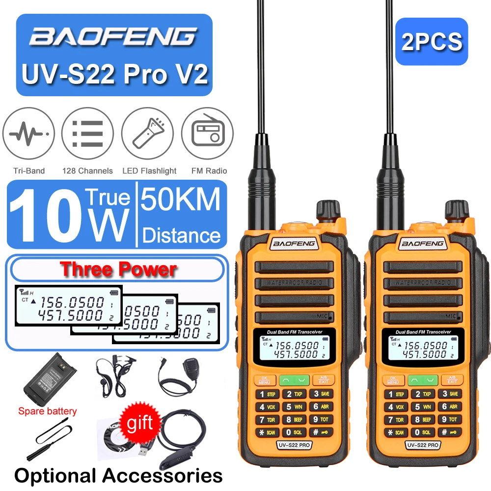 2pcs Baofeng Tactical Intercom UV-S22 Pro V2 Power Waterproof Hunting Walkie Talkie Type-C Powered UHF VHF Programming Cable FM