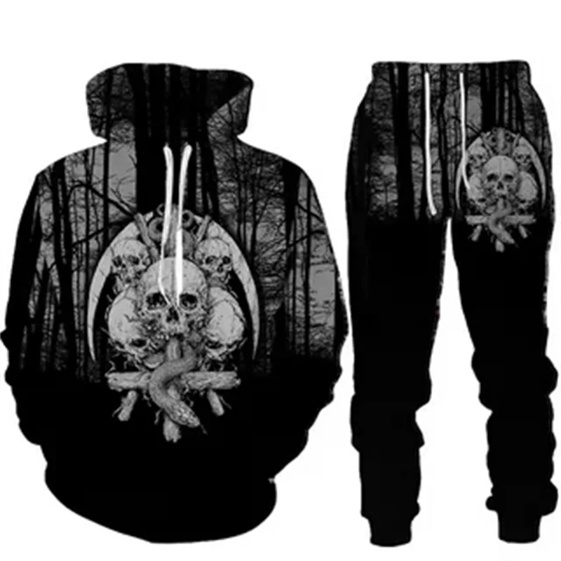 Men Punk Hoodies Suit Skull 3D Print Tracksuit/Pants Goth Skeletons Long Sleeve Pullover Oversize High-quality Autumn Winter New