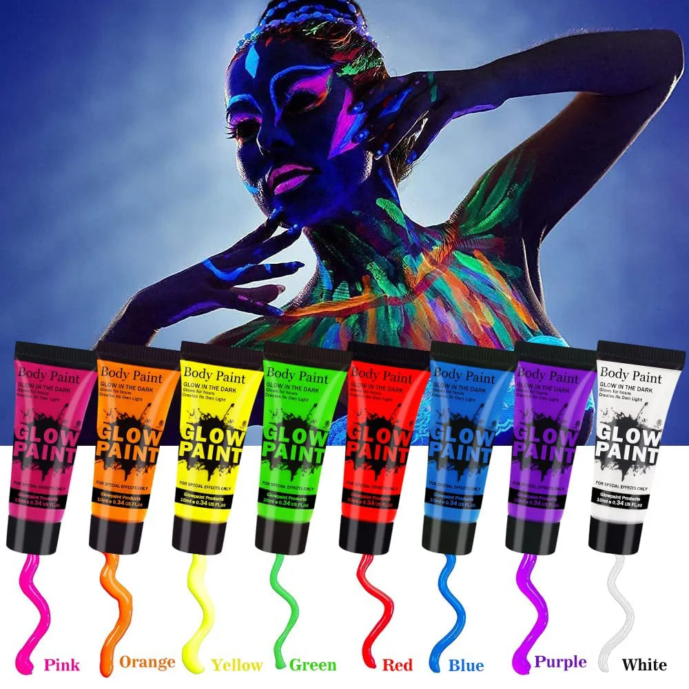 8 Pack UV Neon Face Paint Set Glow in the Dark Body Paint Fluorescent Brightest Glow Under UV for Child Makeup Halloween Party