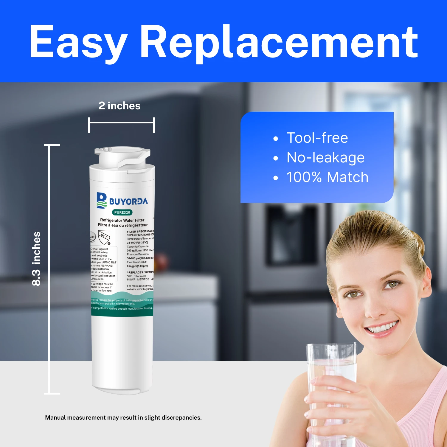 فلتر مياه بديل لثلاجة MSWF متوافق مع for GE MSWF 101820A 101821B RWF1500A, ترشيح عالي الجودة لتقليل PFAS والرصاص