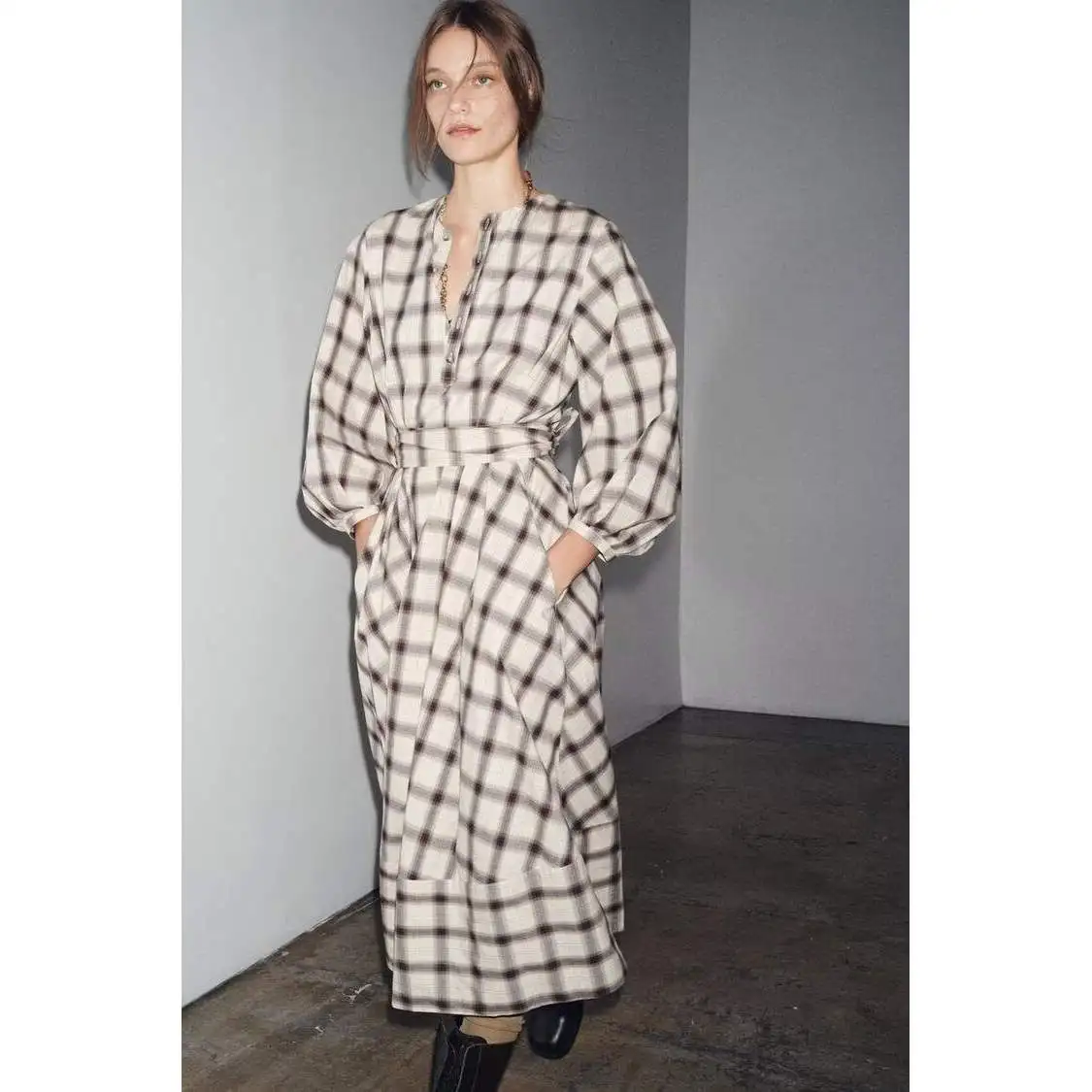 Herfst Winter Nieuwe Collectie vrouwen irt Dr Faionable Veelzijdige Plaid Sle Lange Sve ronde Ne A-lijn Rok Dr