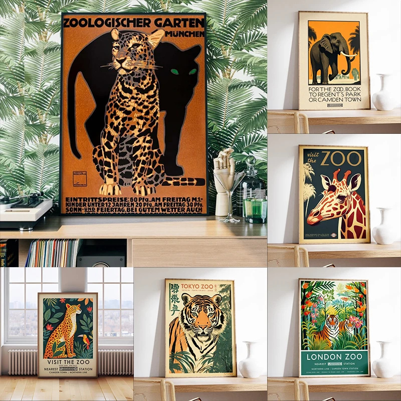 Zoo Travel Prints Poster, Vintage Leopard Tiger Elephant Illustration, Antique Travel Poster, German Zoo Poster, Retro Advert