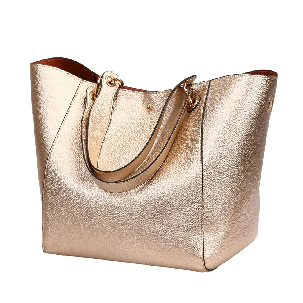 2PCS Brand Fashion Casual Women Shoulder Bags Silver Gold Handbag PU Leather Female Big Tote Bag Ladies Hand Bags Sac