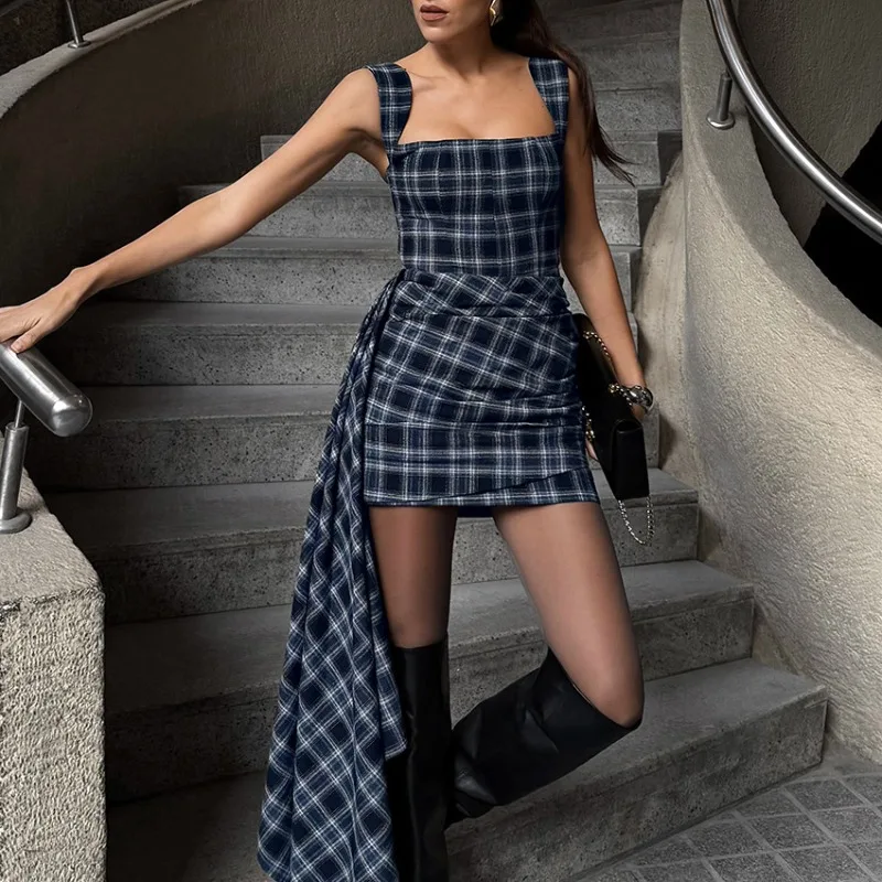 

Tsiisd Fashion Plaid Women's Mini Dress Lace-Up Slim Elegant Daily Summer Date Night Party Gala Dress Sexy Female Dress New 2026