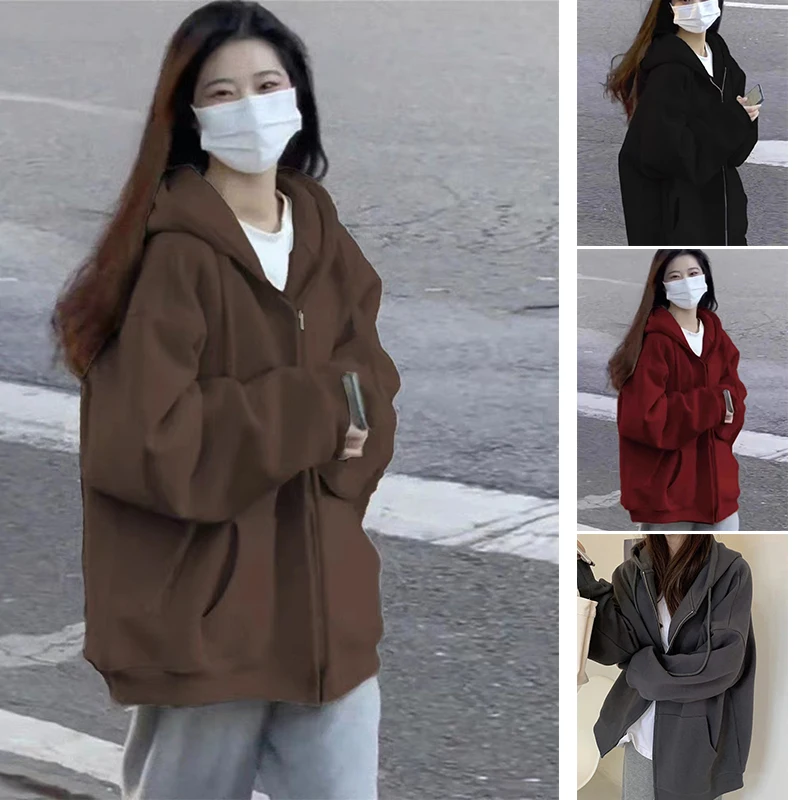 

plus size women's sports hooded coat new design Hoodie explosion fleece thick cardigan solid color zipper top oversized loose