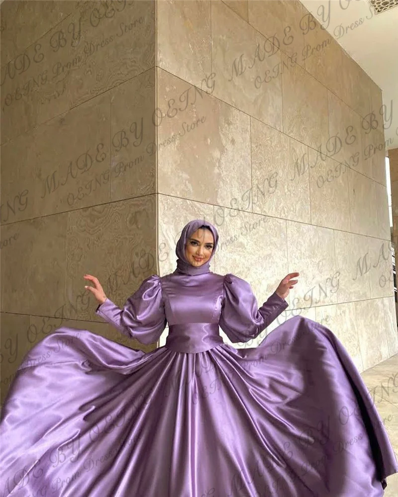 OEING Lavender Muslim Evening Dresses Long Sleeves High Neck Simple Silk Dubai Arabic Pleated Women Elegant Formal Prom Gowns