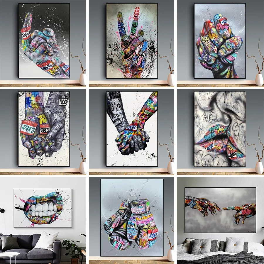 Scandinavian Simple Wall Art Street Graffiti Lover Kissing Abstract Canvas Poster Prints For Home Bedroom Living Room Decorat