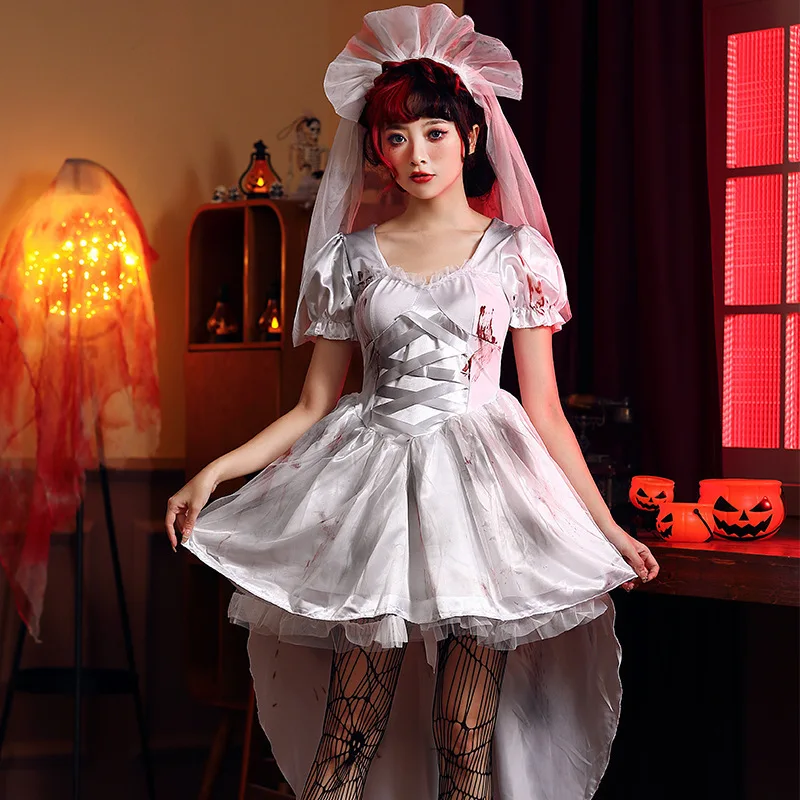 Halloween Costume Vampire White Ghost Bride Party Bloodstain Outfit Art Photo Cos Play Costume Festival Party Dress