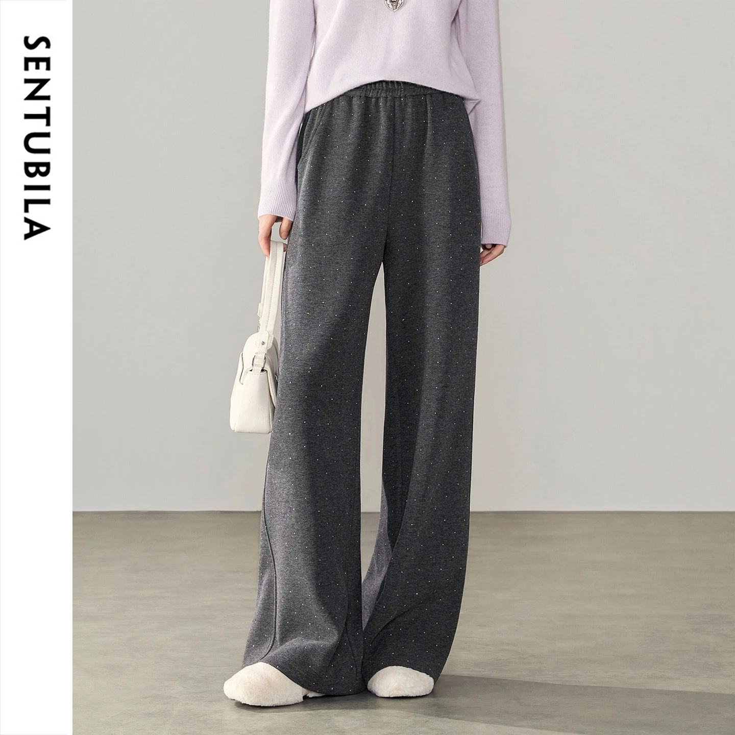 SENTUBILA Women Straight Leg Pants Fleece Lined Elastic Waist Rhinestone Hotfix Draping  Winter Warm Commuter Trousers 164KA6830