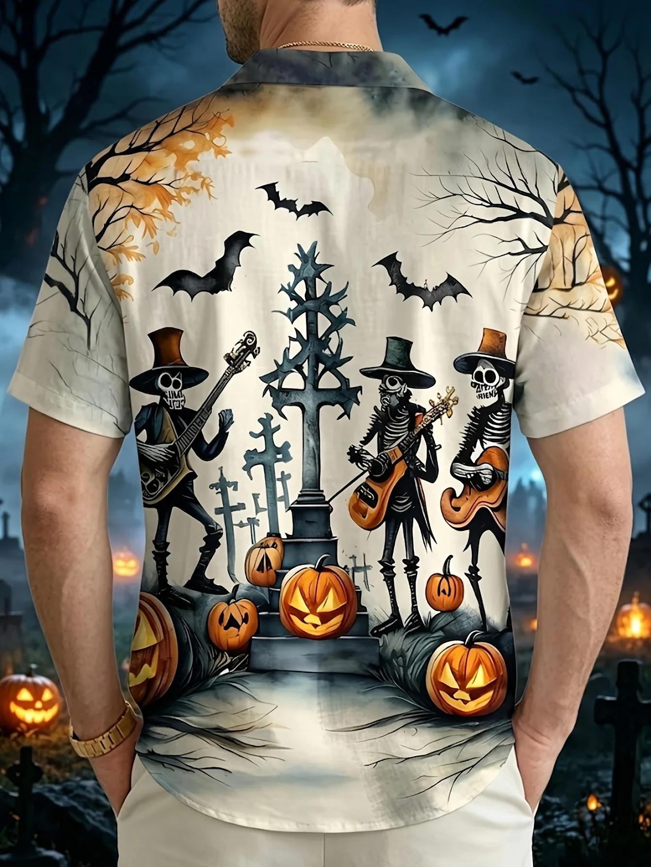 Men Skeleton Band Guitar Tomb Pumpkin Bat Print Short Sleeve Shirt Lapel Collar Button‑Up Polyester Halloween Party Blouse