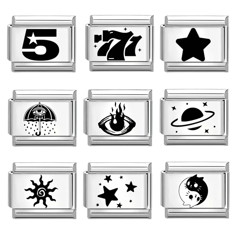 2025 Wholesale Laser Engraving Eyes Stars Digit 777 5 Italian Charm Links Fit 9mm Stainless Steel Bracelet Women DIY Making