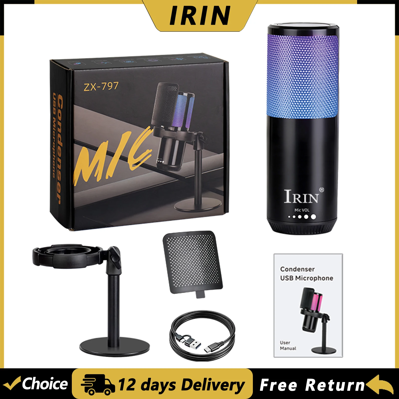 IRIN ZX-797 Condenser Microphone with Stand RGB Light Touch Mute Noise Reduction Monitoring USB Mic for Streaming Recording