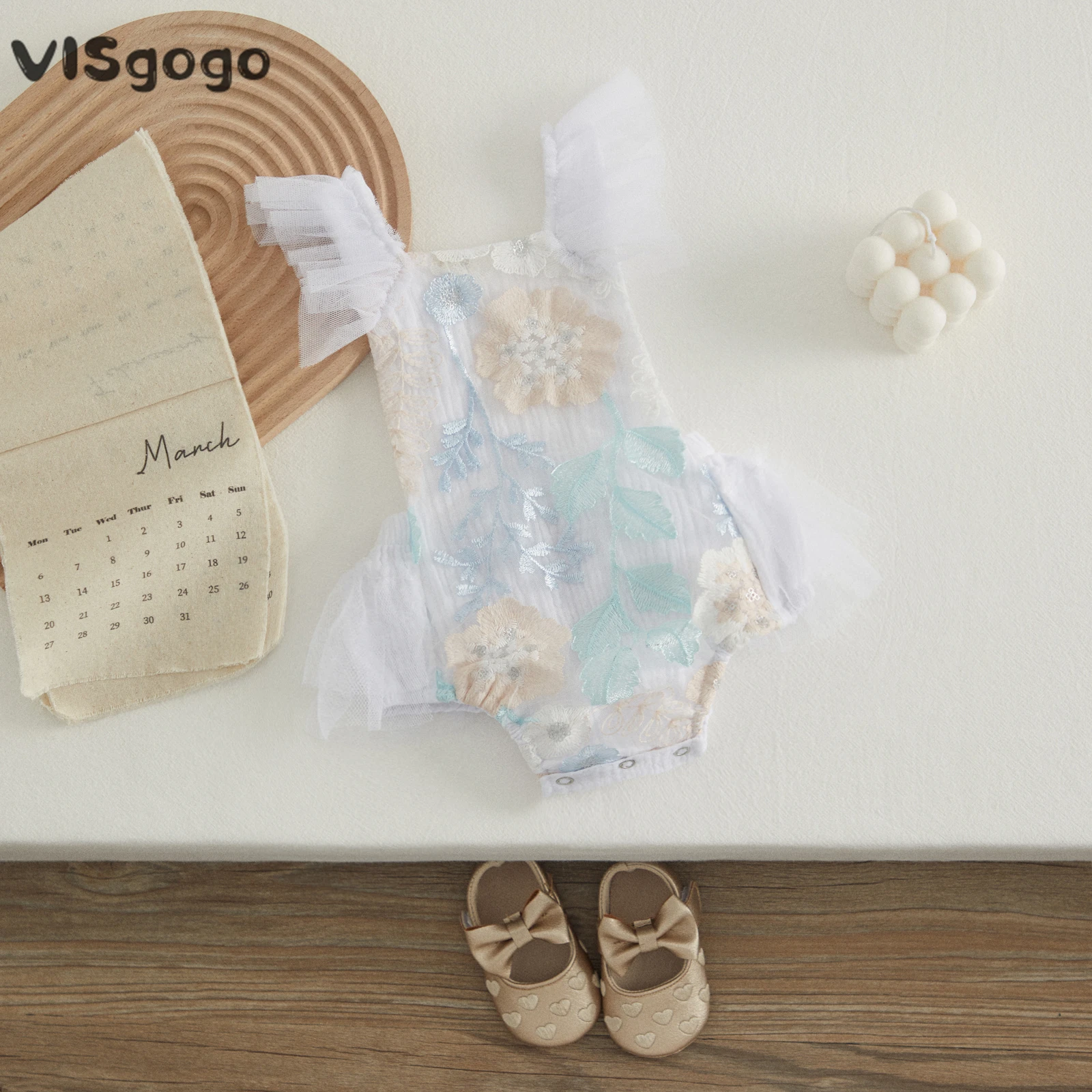 VISgogo Baby Girl Clothes Lace Romper Embroidered Floral Pattern Ruffles Sleeveless Backless Patchwork Tulle Sling Bodysuit