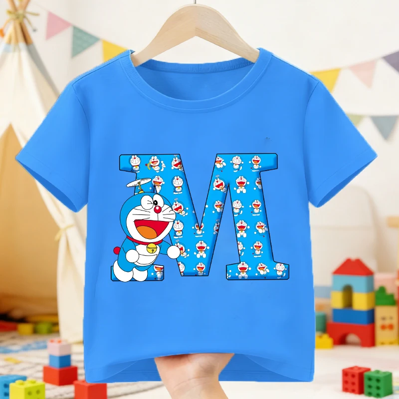 

Doraemon T-shirt for Kids A-Z Letter Tee Top Round Collar Clothing Kawaii Boys Girls Summer Short Sleeve Children Clothes Gift