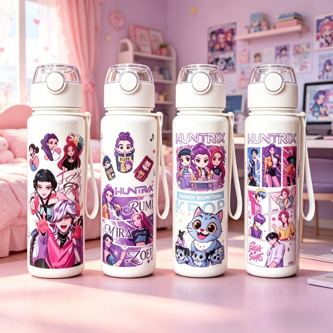 White Base Cartoon Pattern Water Bottle Fashion Large Capacity Lightweight Leakproof Cup for School Fitness Outdoor