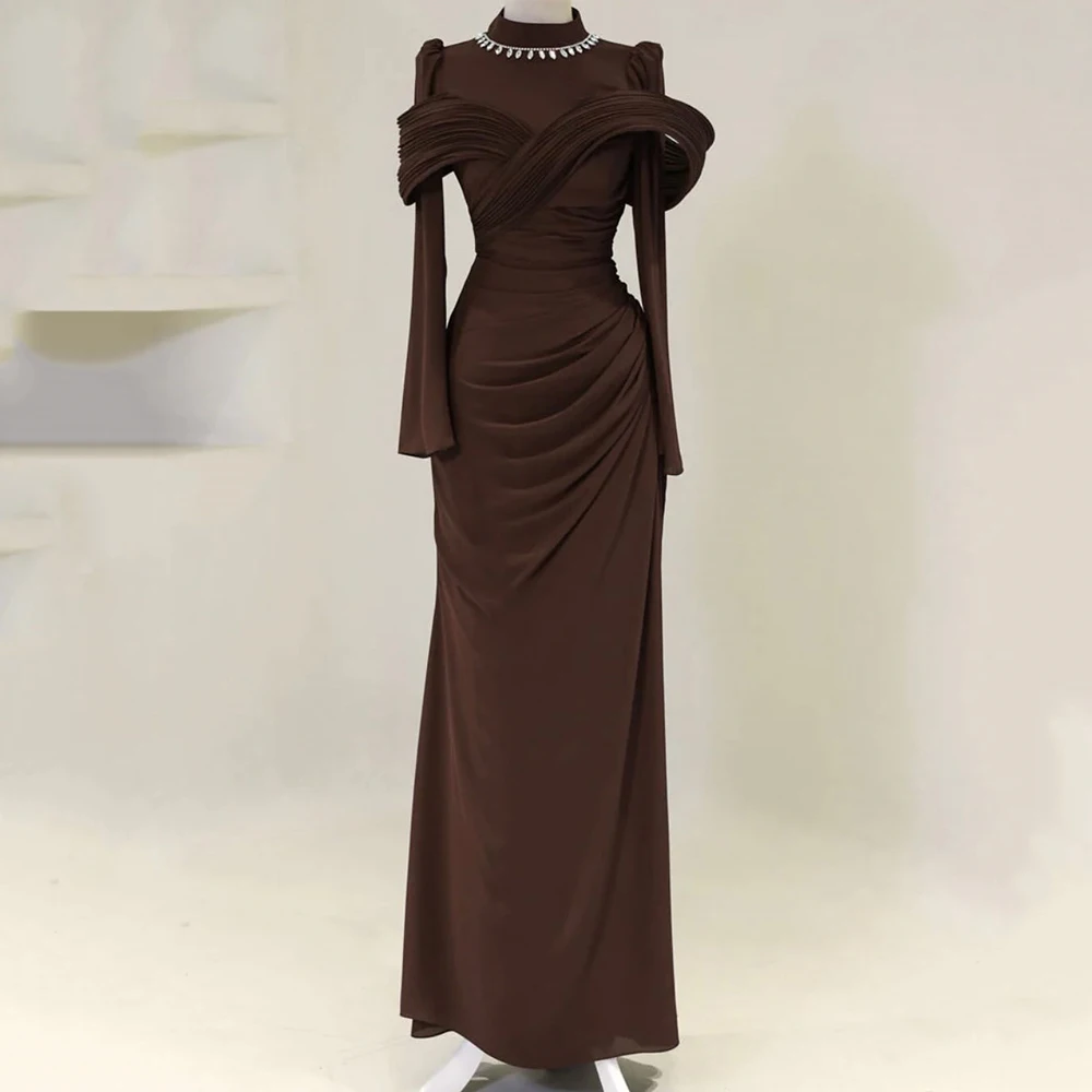

Customized A-line Evening Dresses Floor-length High-neck Full Sleeve Prom Gown Fashion Crystal Pleat Simple Draped Party Gown