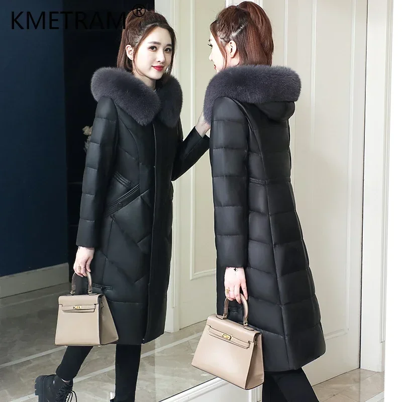 Echter Schaffell Leder Trenchcoat für Frauen Winter lange Daunen mäntel Luxus Fuchs Pelz kragen Kapuze Lederjacke Wind jacke