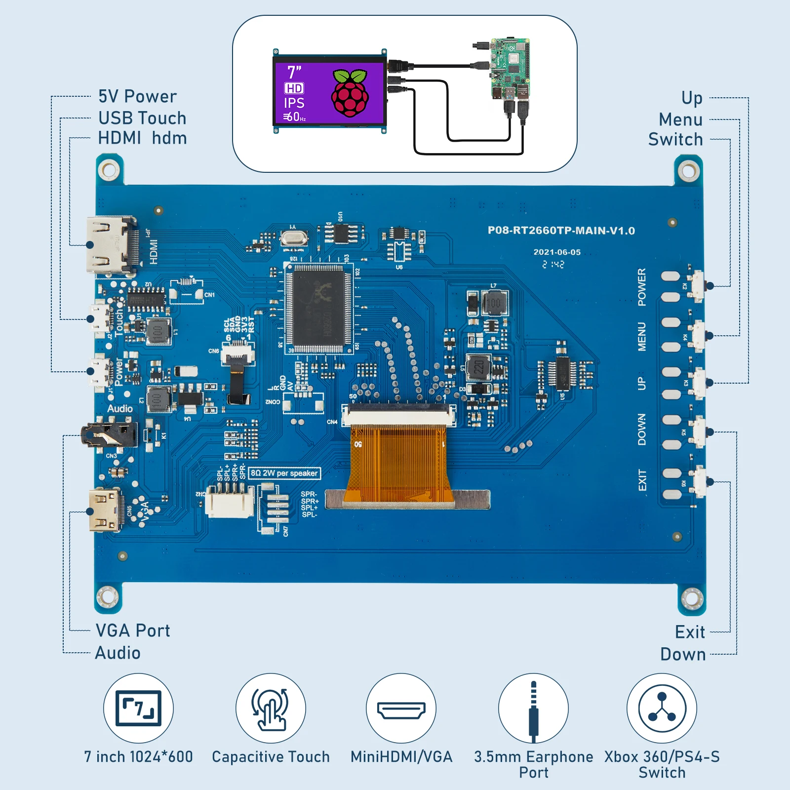 Portable 7 Inch IPS HDMI Monitor Mini Capacitive Touch Screen For Raspberry Pi 4/3 PC Computer HD Display Panel 1024x600 LCD DIY