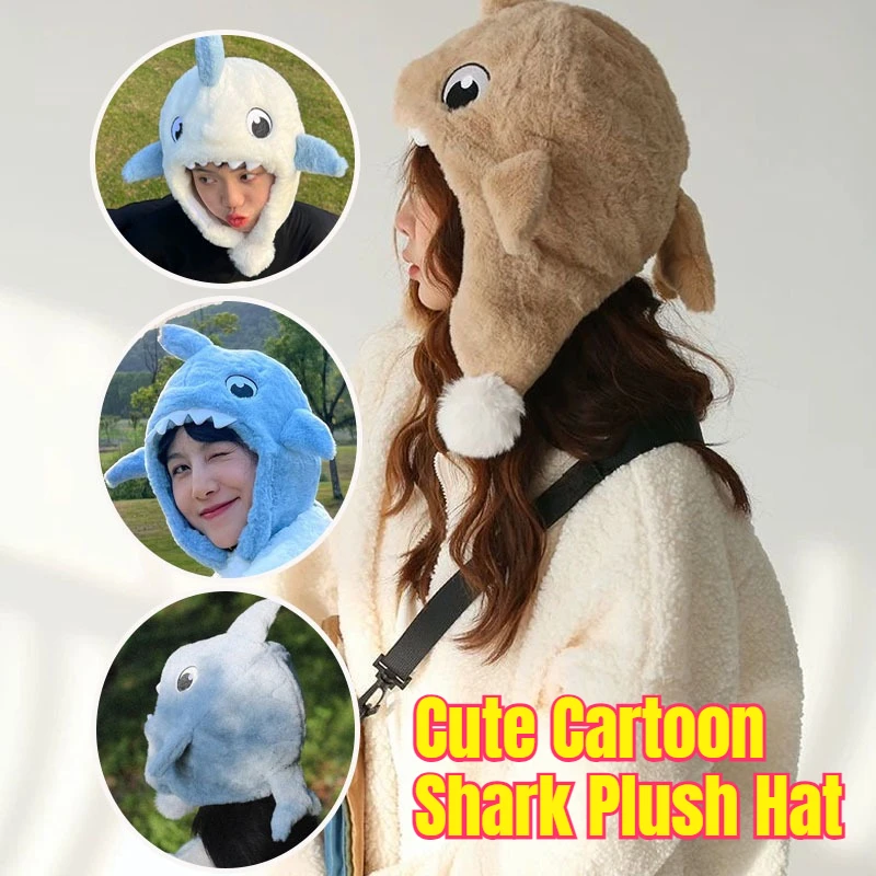 

Cute Cartoon Shark Mask Neck Union Hat Windproof Warm Skiing Cap Scarf Comfortable Soft Fleece Plush Cap and Head Protection