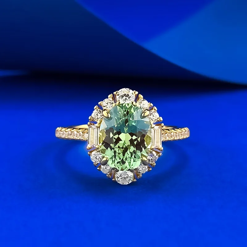 S925 silver ring 7 * 9mm oval light tourmaline green zircon ring, fresh and luxurious retro women's jewelry