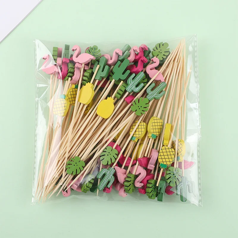 100Pcs Bamboo Tropical Fruit Picks Flamingo Pineapple Cactus Toppers Birthday Party Snack Decor For Fruit Summer Beach Themed