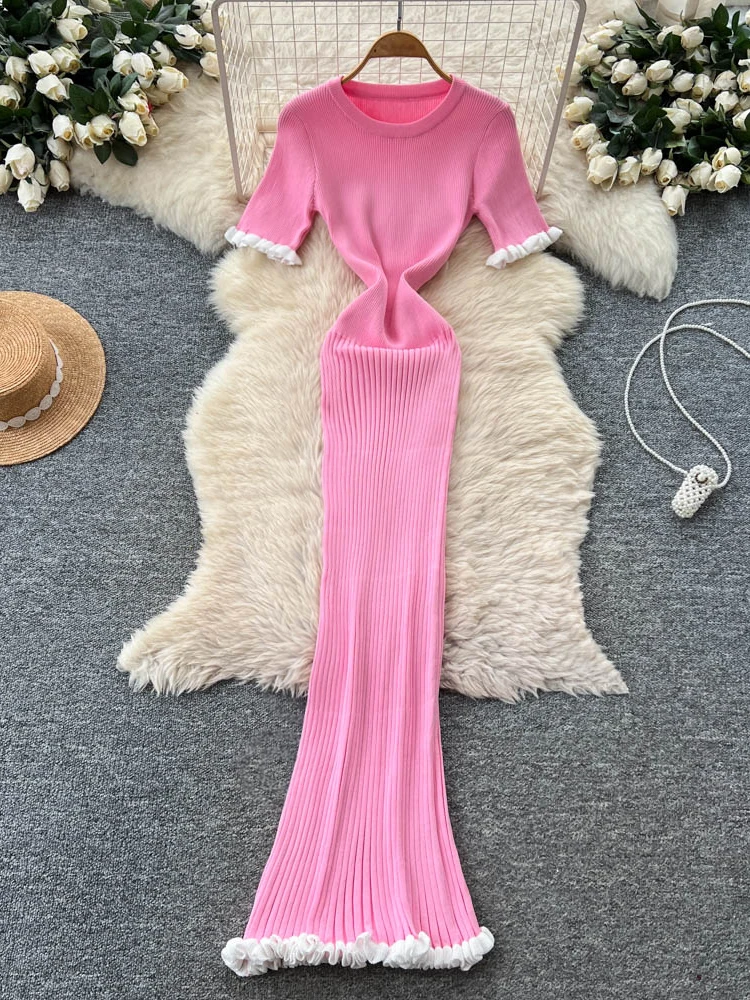 Korean Style Knitted round Neck Short Sleeve Dress Women's Summer Slimming Waist Cinched Long Skirt Commute Luxury Style