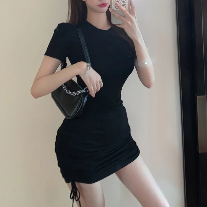 Vintage Drawstring Club Party Bodycon Dress 2023 Fashion Cotton Blue Slim Sexy Dress Women Casual Mini Dress Women Vestido 11904