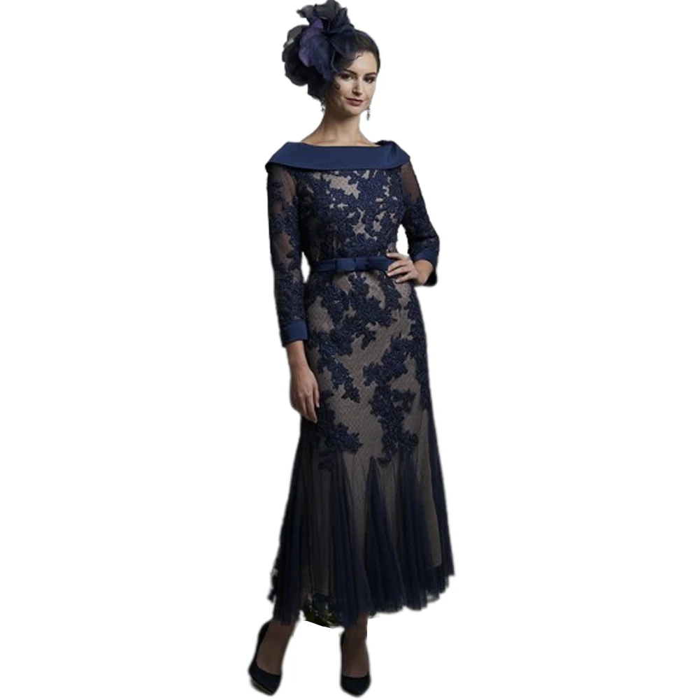 Eleganti abiti per la madre della sposa abito Overlay in pizzo blu Navy con fiocco in raso con spalle scoperte eventi da sera o occasioni speciali