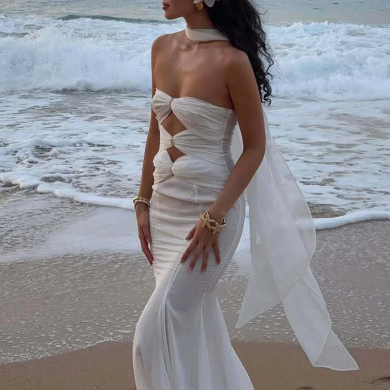 Beachwear Solid Lace-up Slim Boho Long Dress Ladies Sexy Strapless Hollow Out Party Dress 2025 Spring Summer Backless Maxi Dress