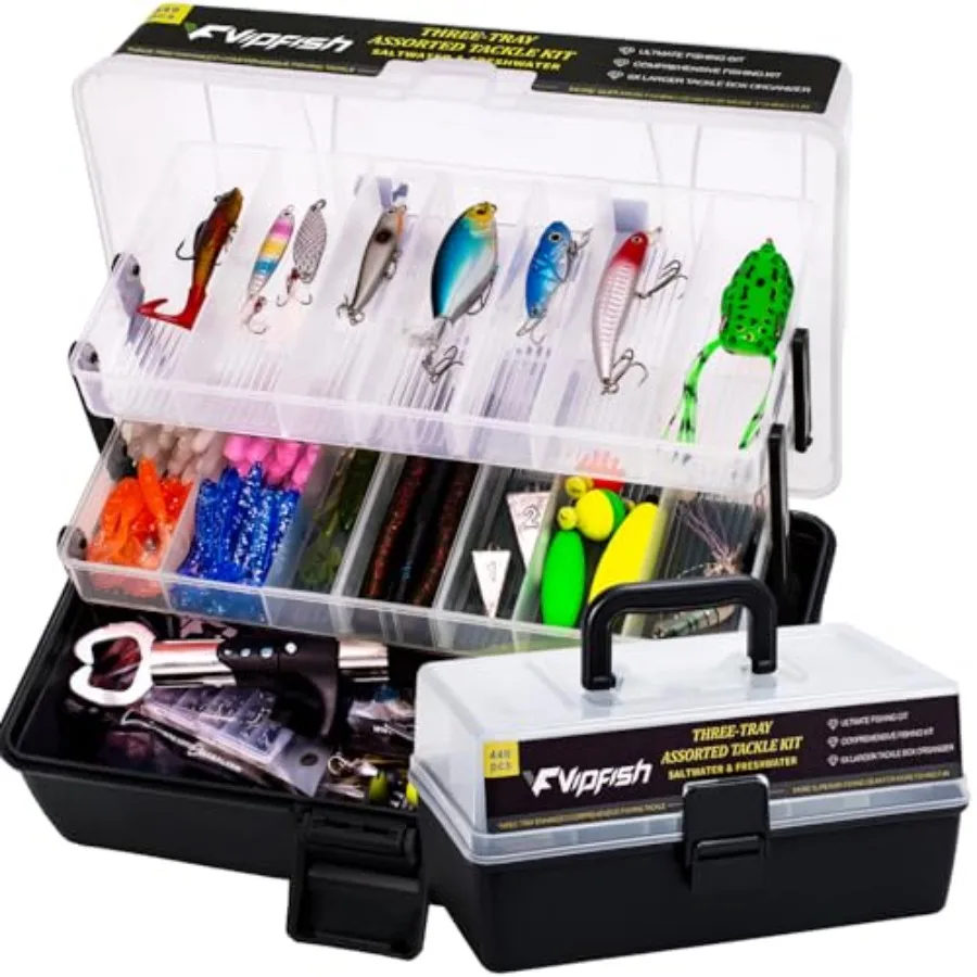

448-Pcs Fishing Lures Kit Complete 3-Layer Tackle Box Set with Hooks Weights Bobbers Pliers Rigs Leaders Fluorocarbon Line Acce