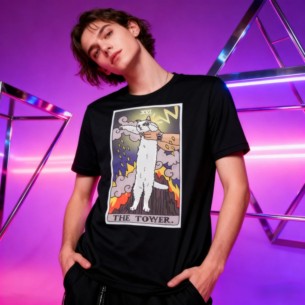 The Original Cat Meme The Tower Tarot Shirt Funny Tower Long Cat Meme Witchy Clothing Y2K Fashion Men Women Casual Streetwear