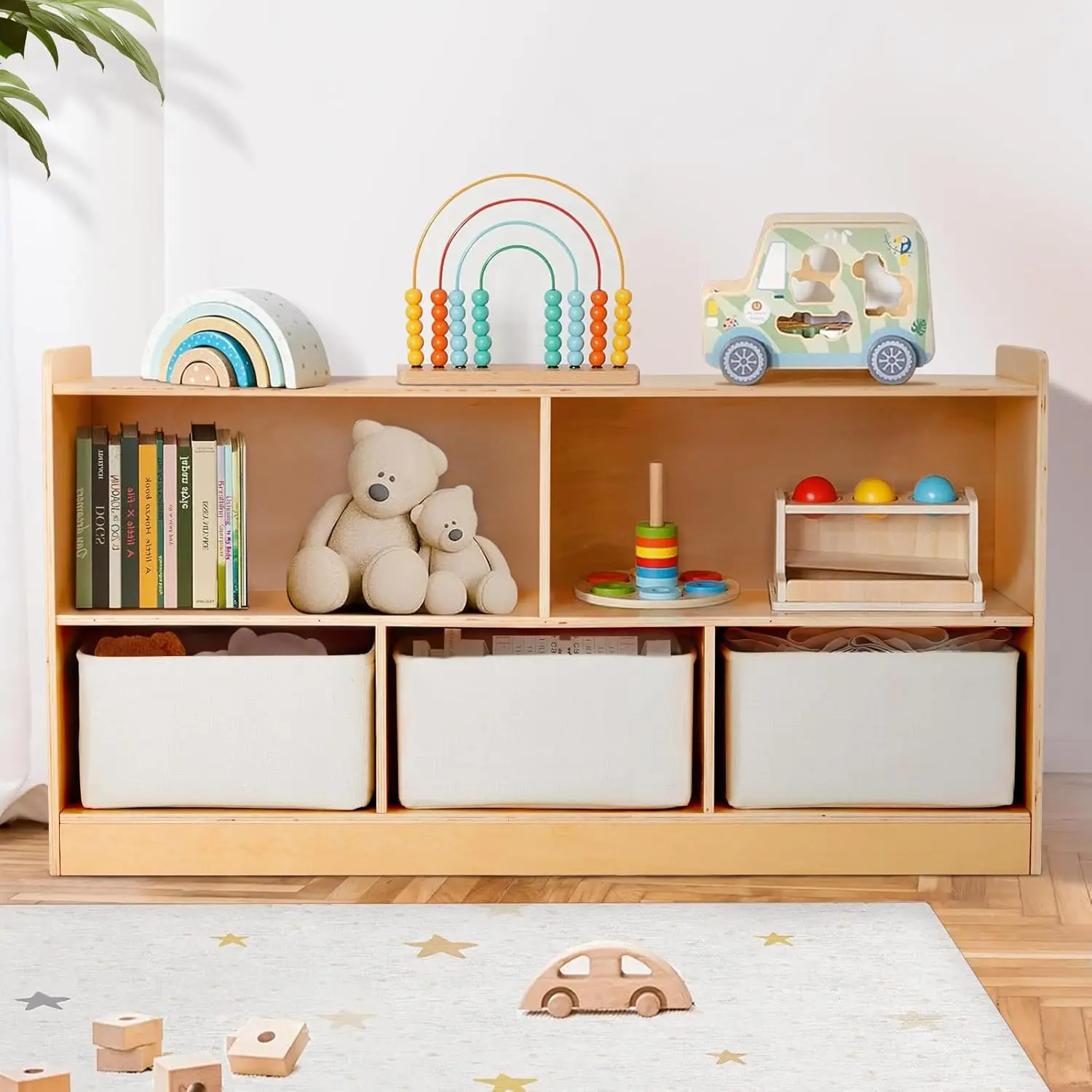 Shelf with Storage Boxes, Wooden Toy Storage Organizer for Books Toys, 2 Shelf Bookcase, 5-Section Storage Cabinet, Toddler Book