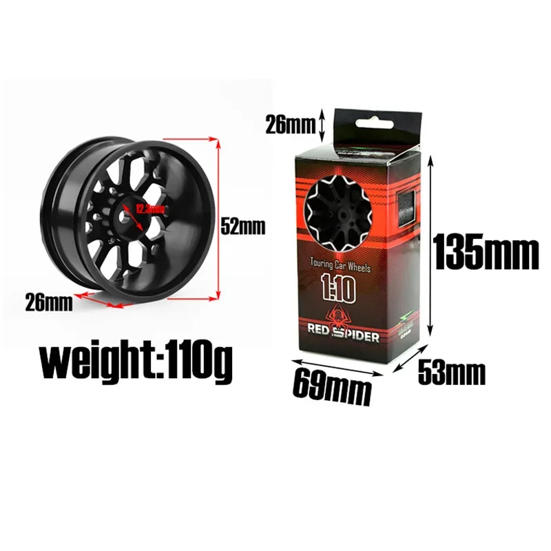 Alumínio Alloy Metal Wheels Hub para adultos, Retrofit de carro e atualização Carros RC de uso geral para adultos, 1/10 RC Model, 4pcs