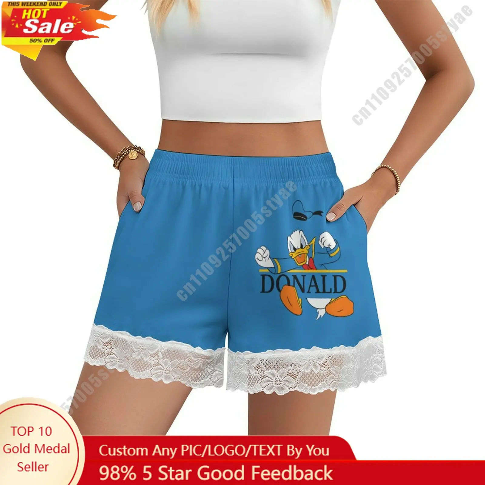 

Donald Duck Short Pajama Pants Disney Cartoon Women Summer Lace Trim Thin Panties Custom Loose Home Casual Shorts