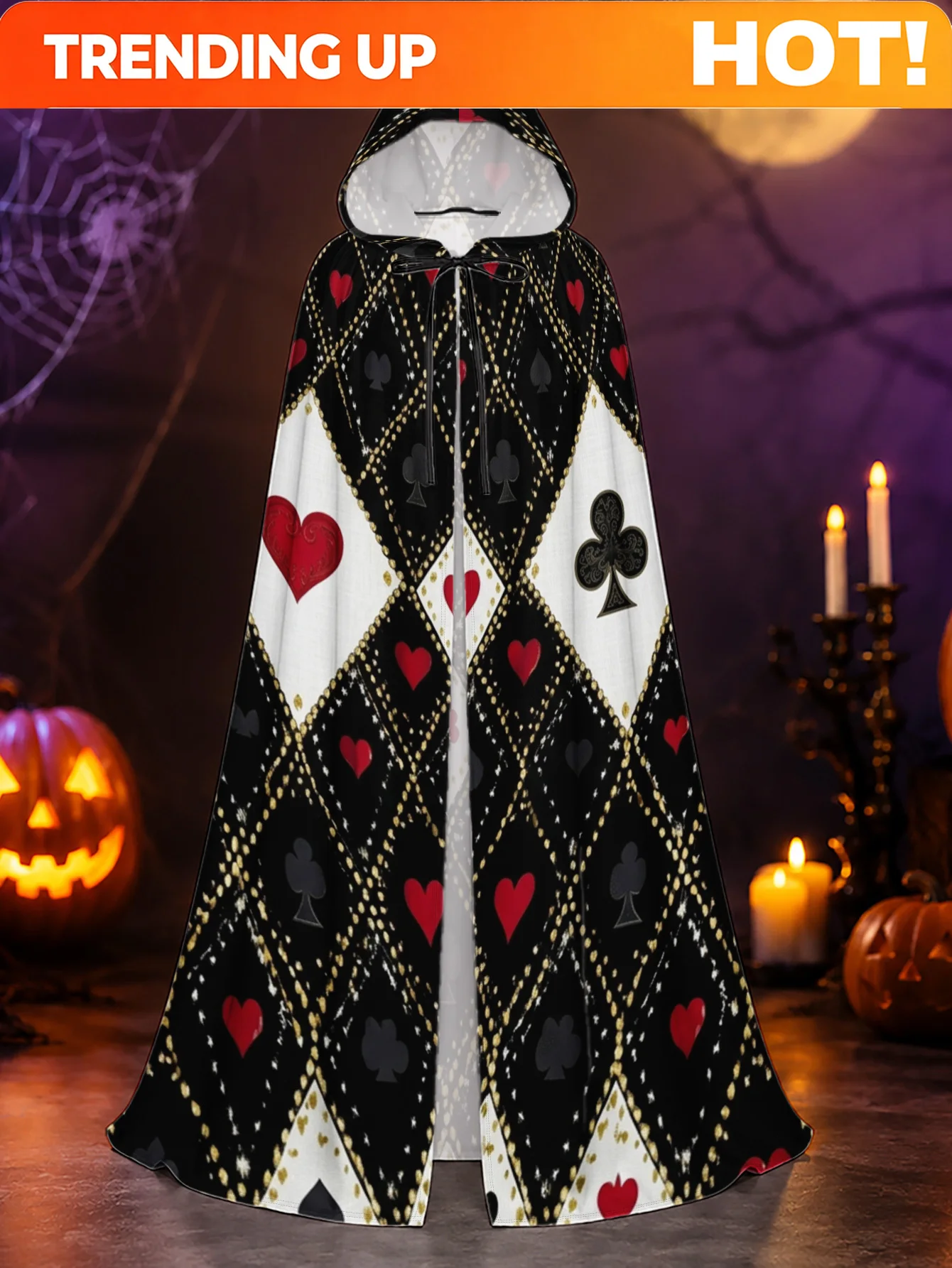 Customization 1pc Adult Hooded Witch Robe Costume Cloak With Harlequin Card Suits Print - Oversized Hood & Loose Fit Suit