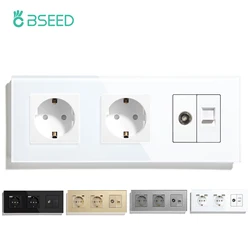 BSEED EU Standard Double Wall Sockets With TV CAT5 Power Outlets Crystal Glass Panel White Black Golden Home Sockets