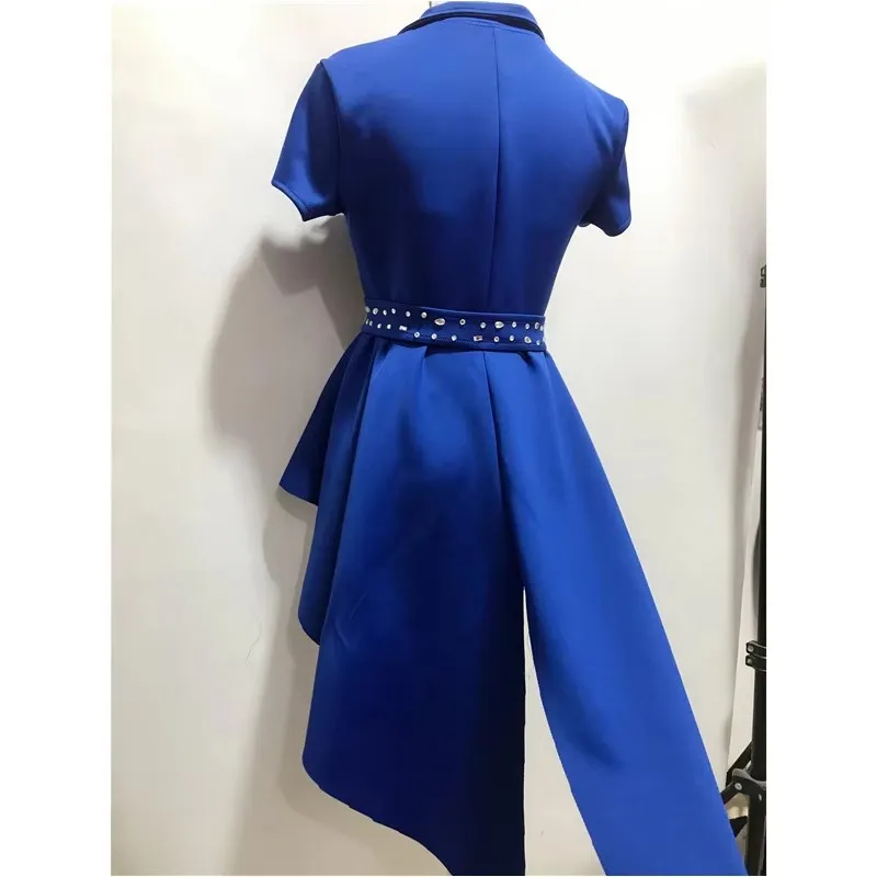 Women's Sexy Jazz Dance Team Costume Blue Crystal Tailcoat Split 3-Piece Set Stage Performance Outfit Nightclub Stage Wear