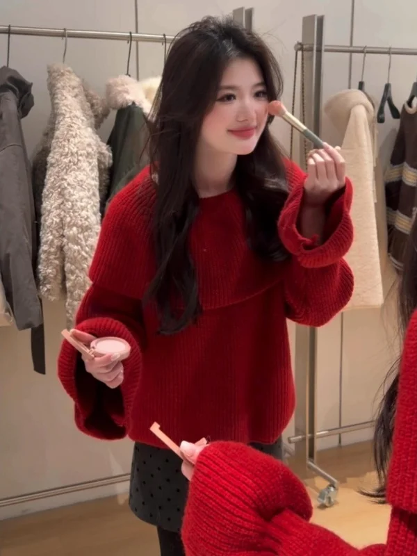 

Красный новогодний женский свободный вязаный свитер с колокольчиками, повседневная внутренняя одежда, базовый топ, корейский Sle Commute Faion
