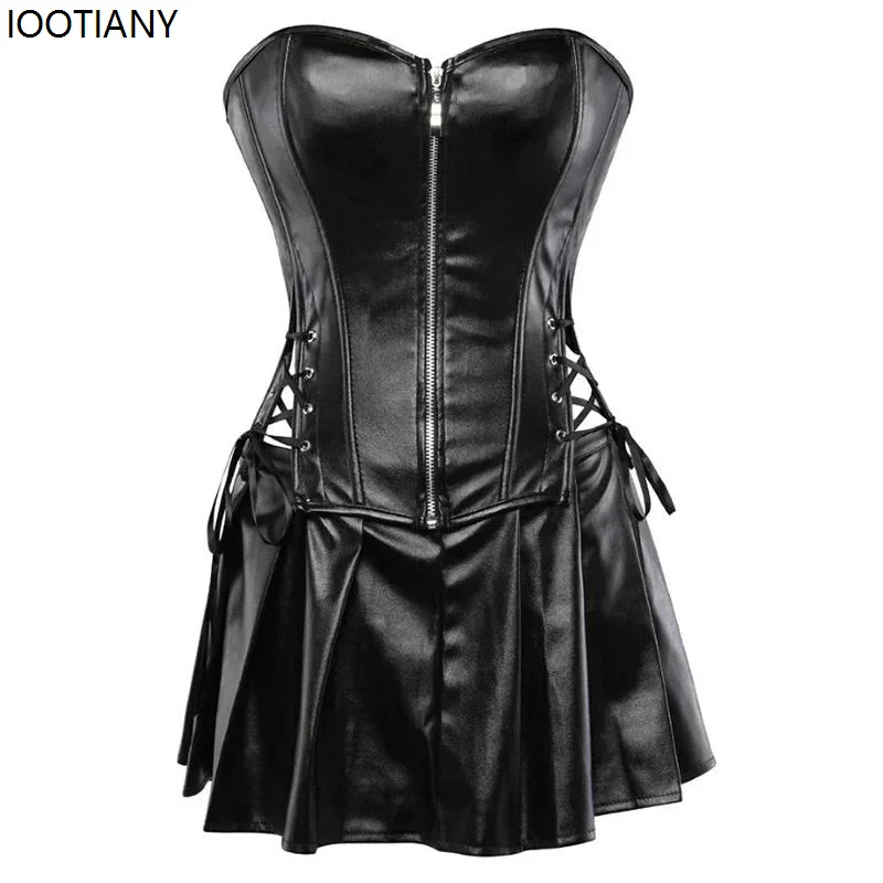 

Women's Punk Dress Zipper Gothic Pu Leather Corset Top Pu Leather Tie-up Corset Mini Skirt Sexy Ladies Lace-up Pleated Dress