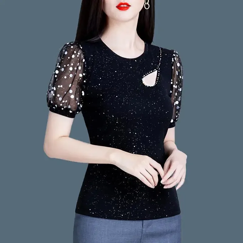 

Fashion Puff Sleeve Gauze Hollow Out Sequined Blouse Women ClothingNew Oversized Casual Pullovers Office Lady Shirt XQ129
