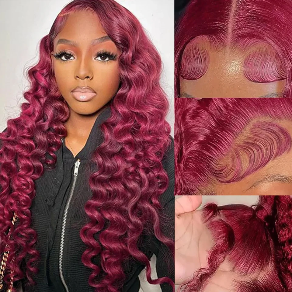 

Бордовый парик с глубокой волной 13x4 HD Lace Frontal, из натуральных бразильских волос, 13x4 Water Deep Wave, цвет 99J красный, для женщин